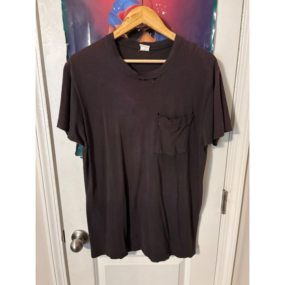 Vintage Blank Pocket T-Shirt Faded Black Distressed Single Stitch Sun Faded XL